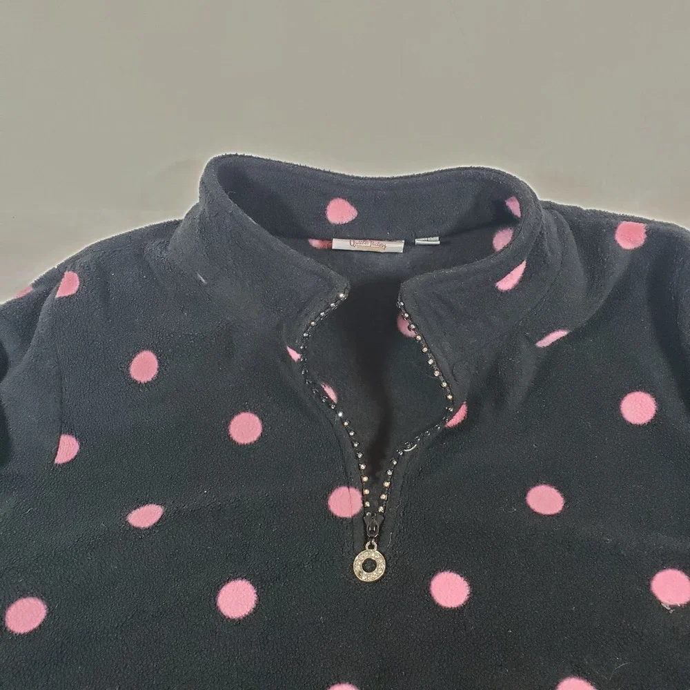 Quaker Factory Black Pink Polka Dot Fleece 1/4 Zip Pullover Sweatshirt XL Rhines - Picture 3 of 8